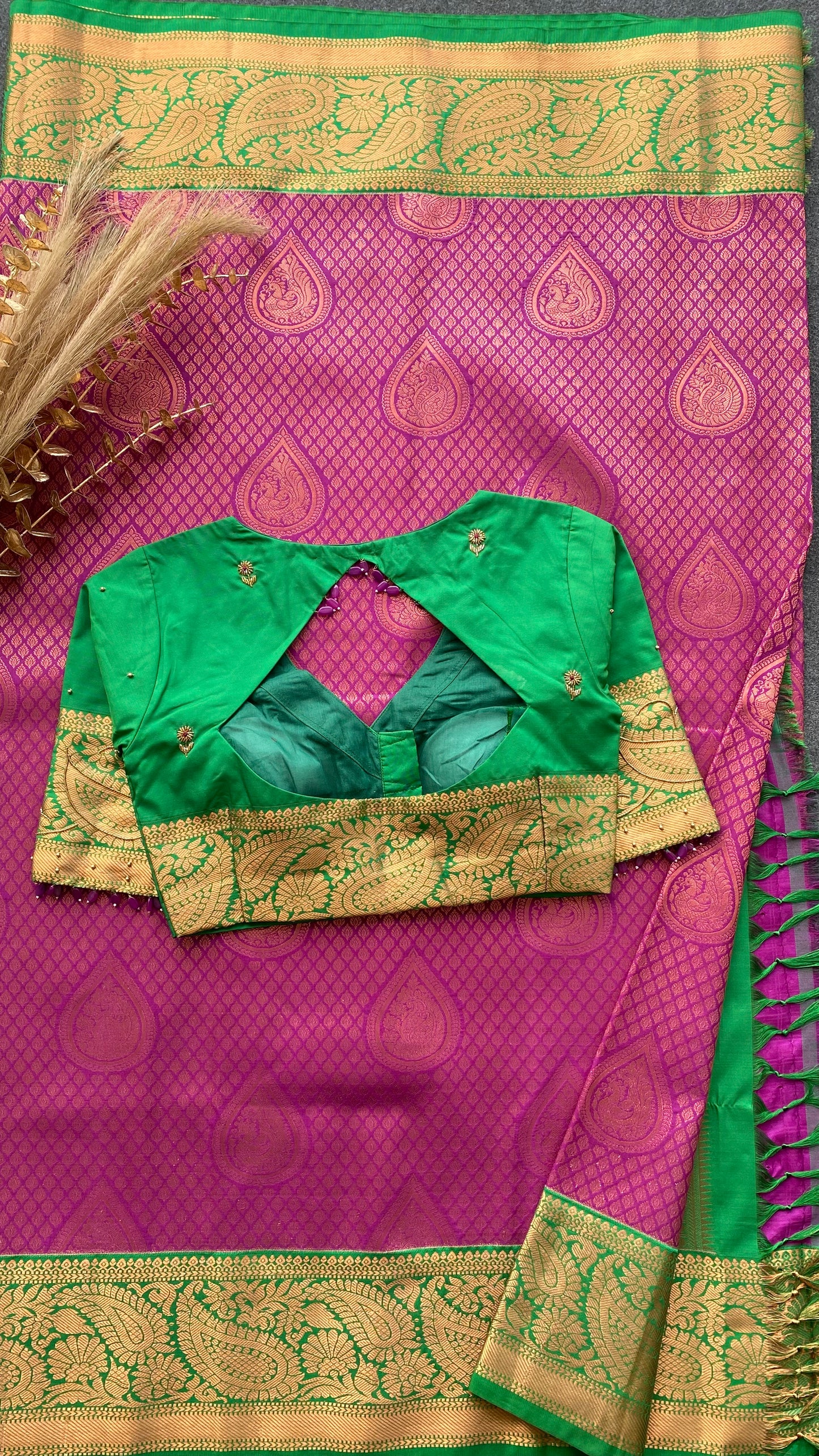 Rani pink and green silk saree with hand work blouse