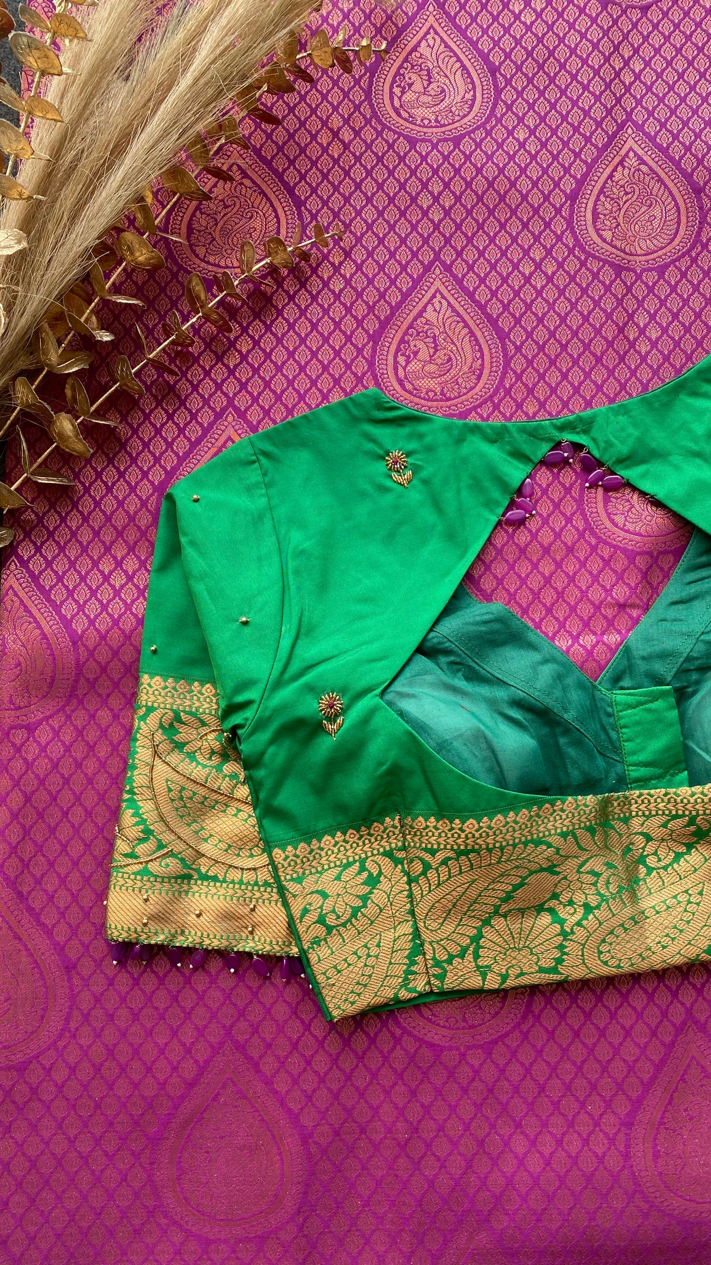 Rani pink and green silk saree with hand work blouse