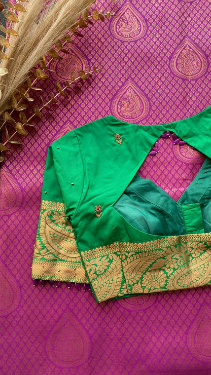 Rani pink and green silk saree with hand work blouse