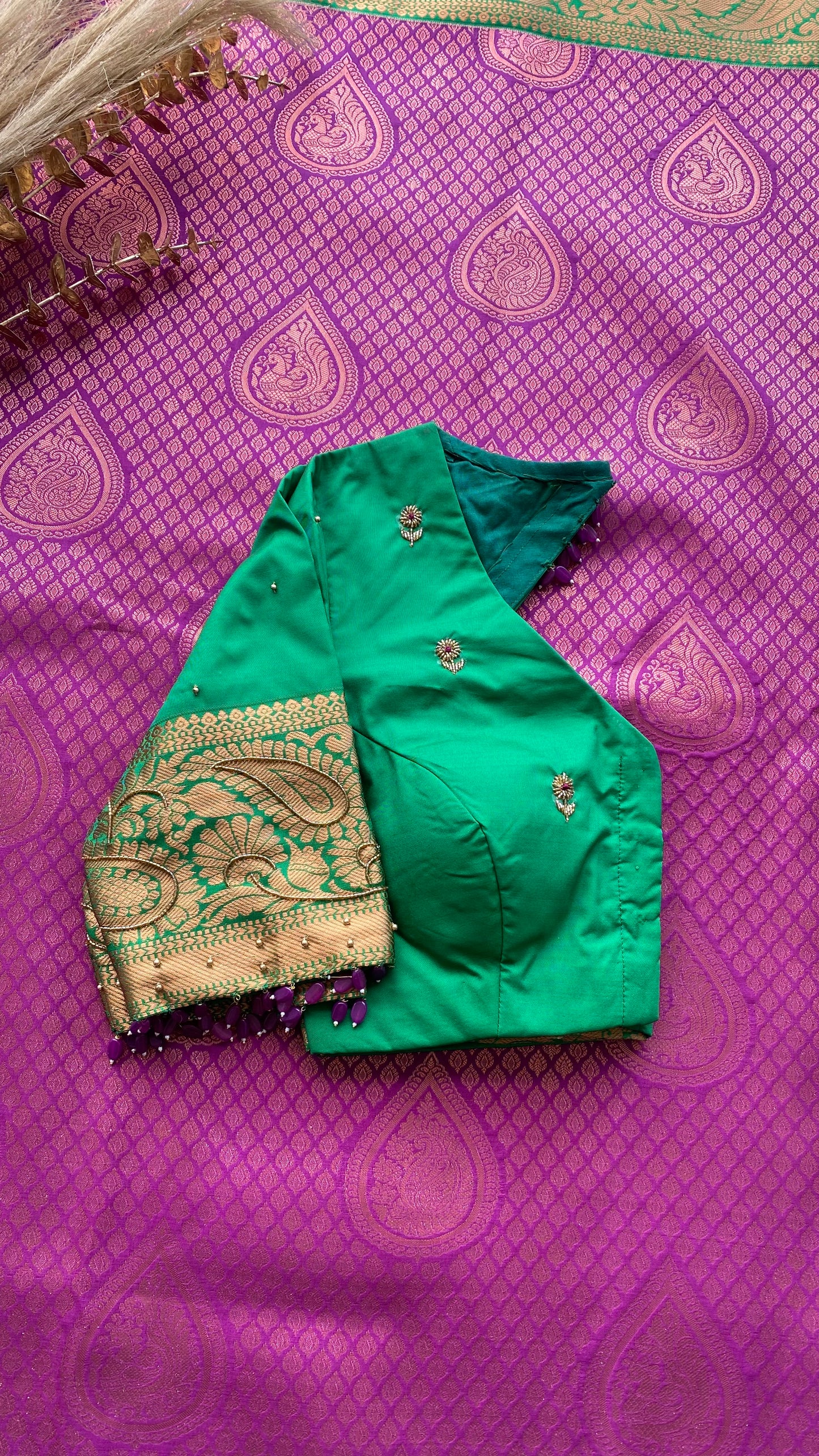 Rani pink and green silk saree with hand work blouse