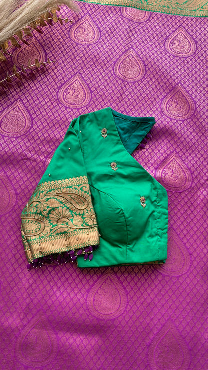 Rani pink and green silk saree with hand work blouse