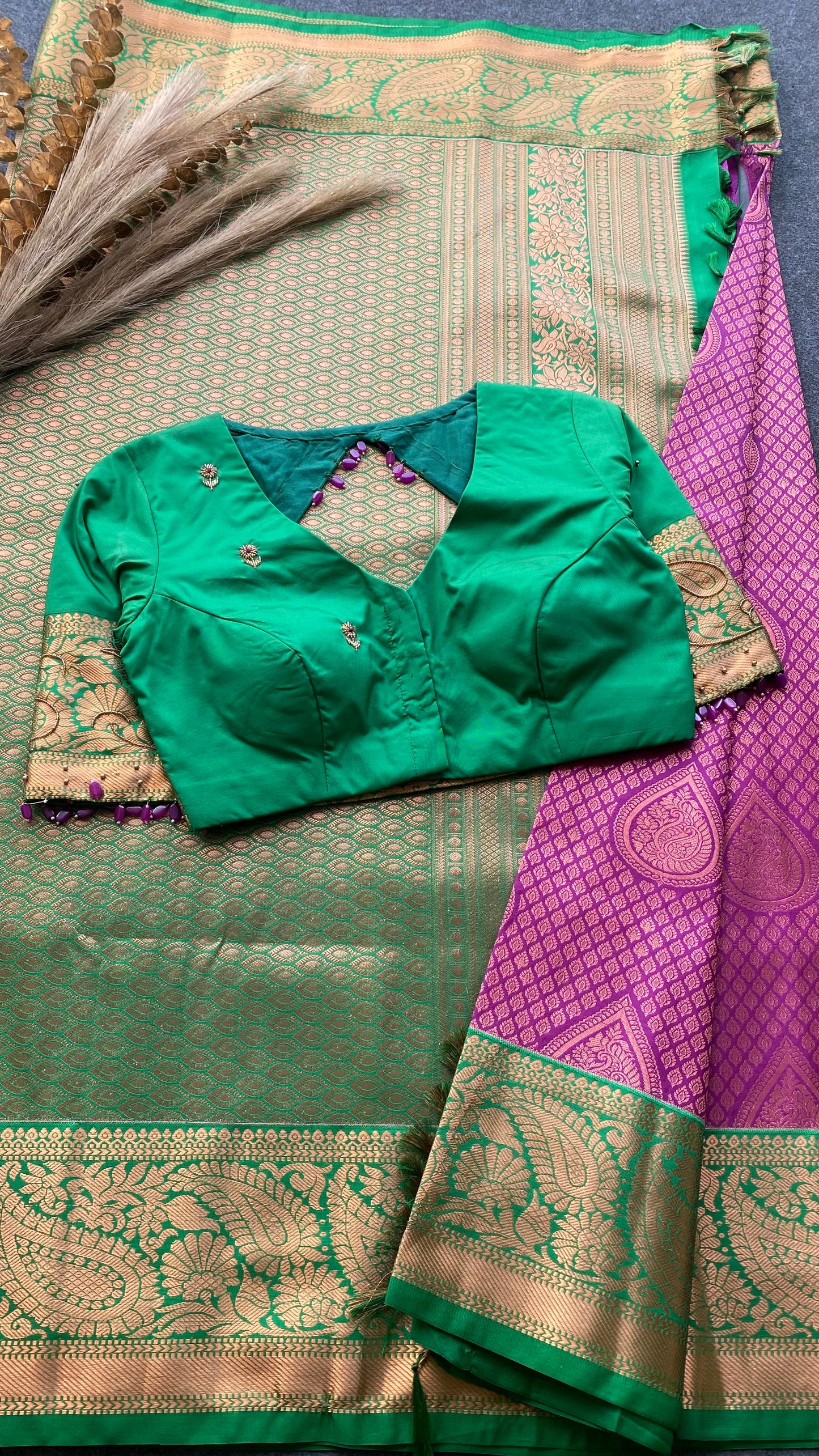 Rani pink and green silk saree with hand work blouse