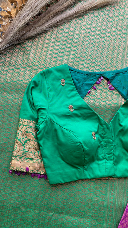 Rani pink and green silk saree with hand work blouse