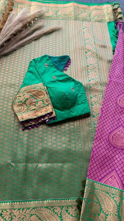 Rani pink and green silk saree with hand work blouse