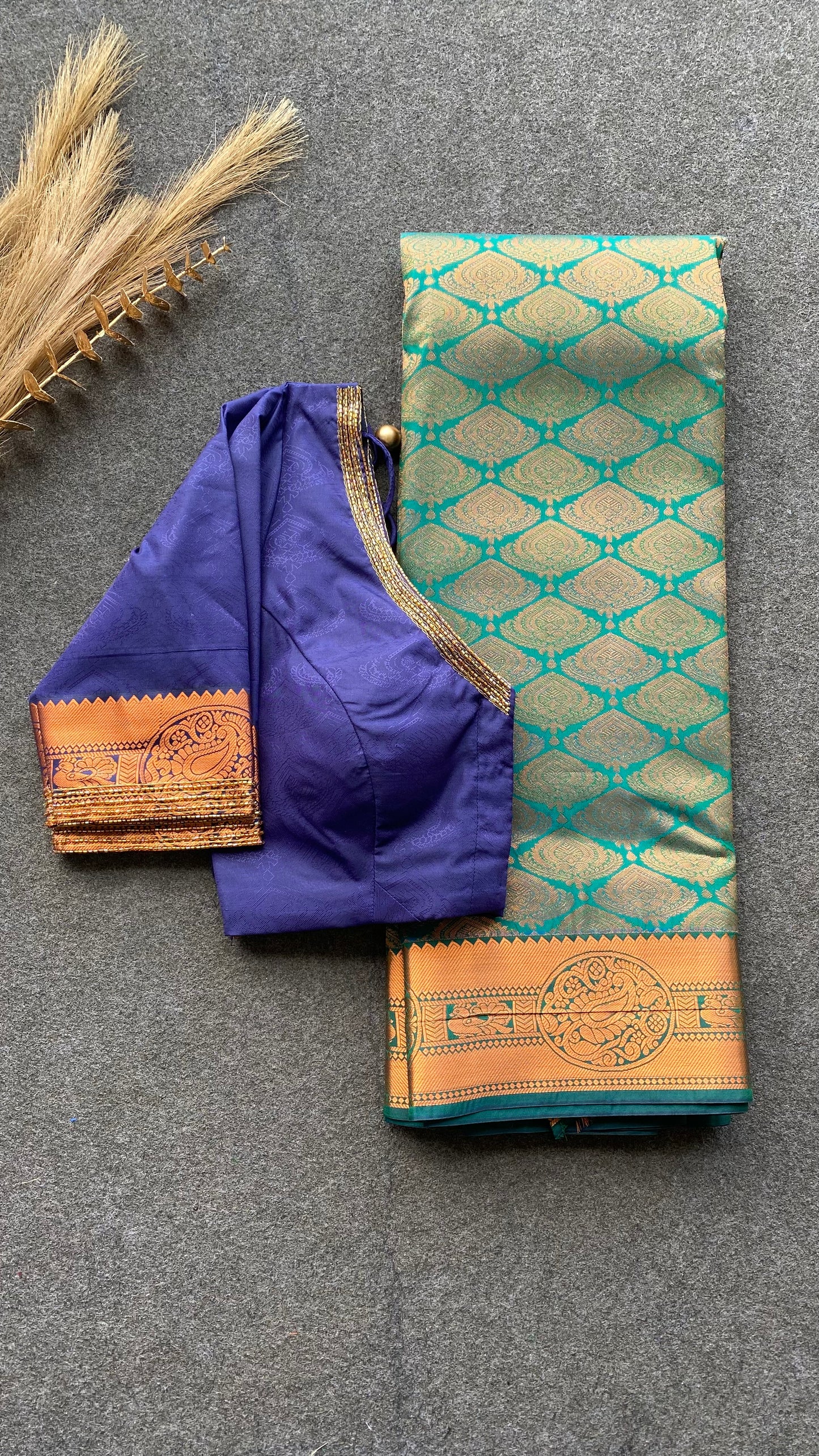 Cyan and navy blue silk saree with hand work blouse