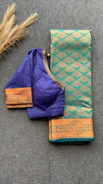 Cyan and navy blue silk saree with hand work blouse