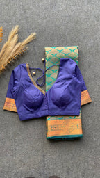 Cyan and navy blue silk saree with hand work blouse