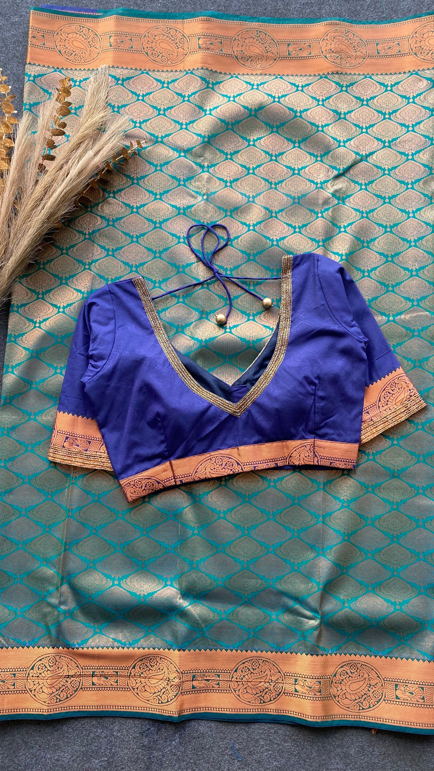 Cyan and navy blue silk saree with hand work blouse