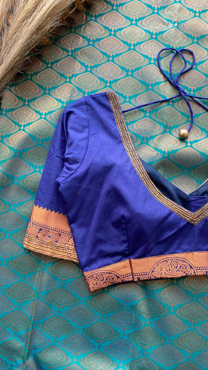 Cyan and navy blue silk saree with hand work blouse