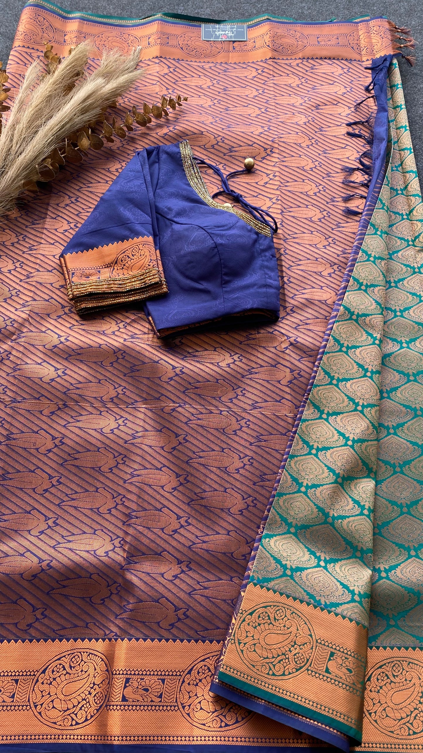 Cyan and navy blue silk saree with hand work blouse