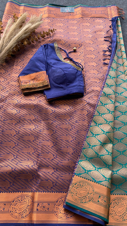 Cyan and navy blue silk saree with hand work blouse