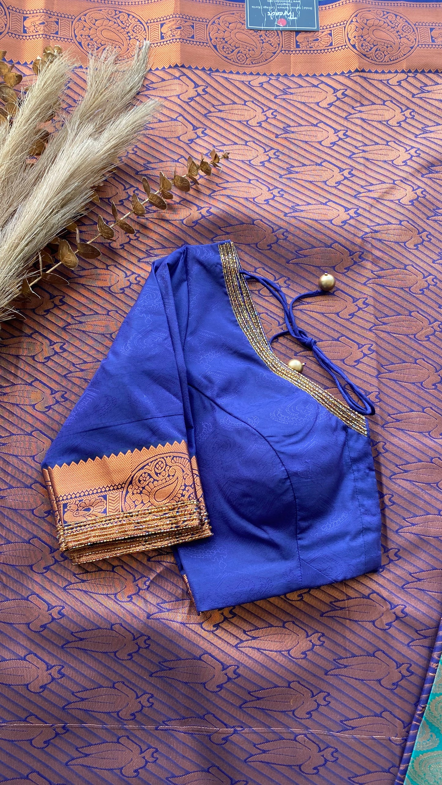 Cyan and navy blue silk saree with hand work blouse