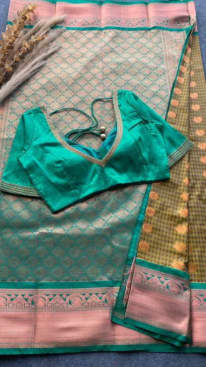 Fenugreek yellow and green silk saree with hand work blouse