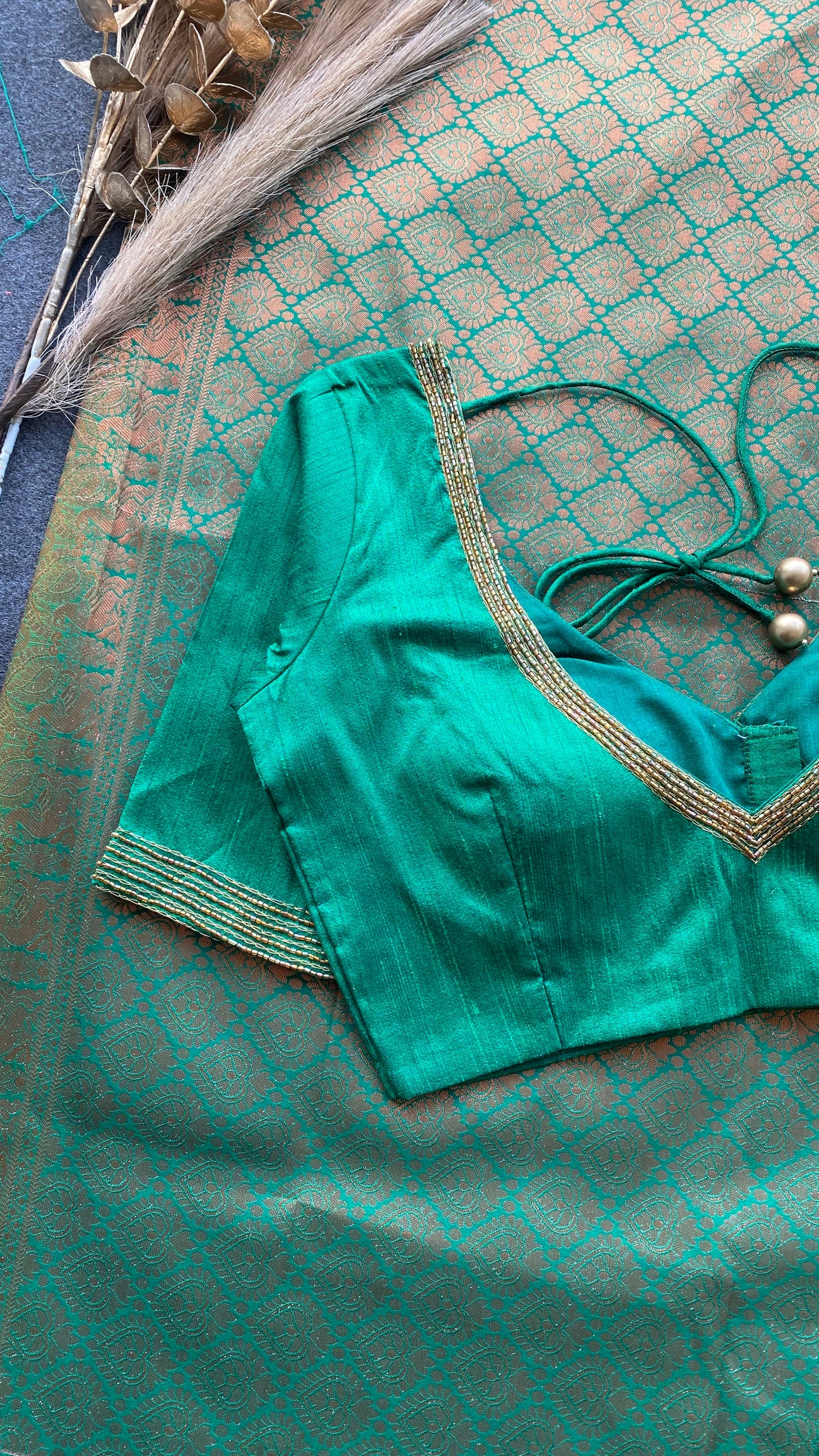 Fenugreek yellow and green silk saree with hand work blouse