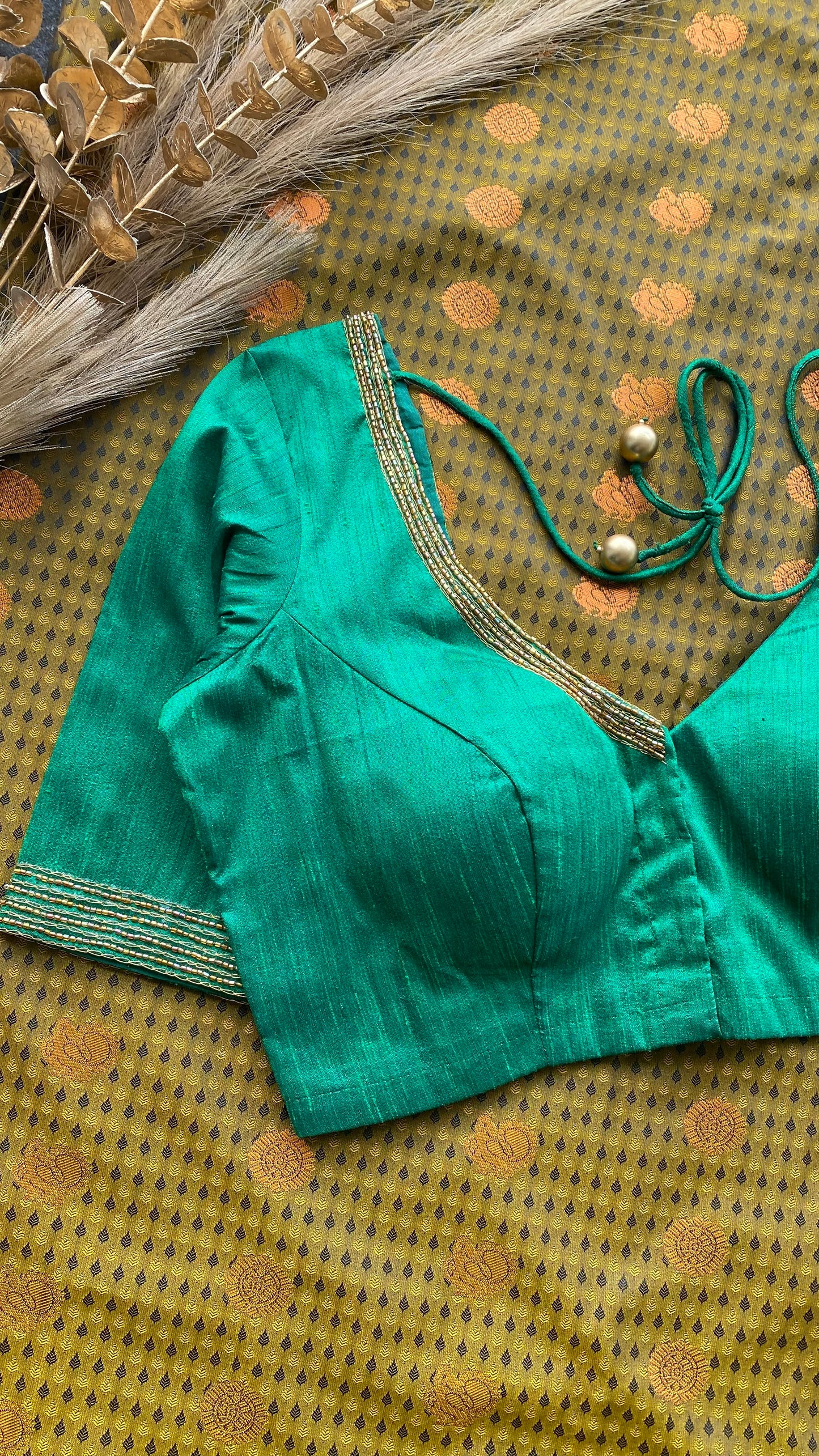 Fenugreek yellow and green silk saree with hand work blouse