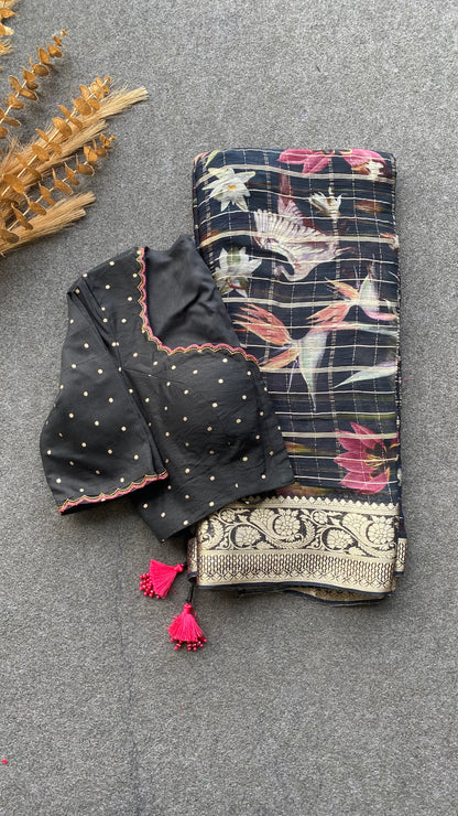 Black chiffon floral saree with hand worked blouse