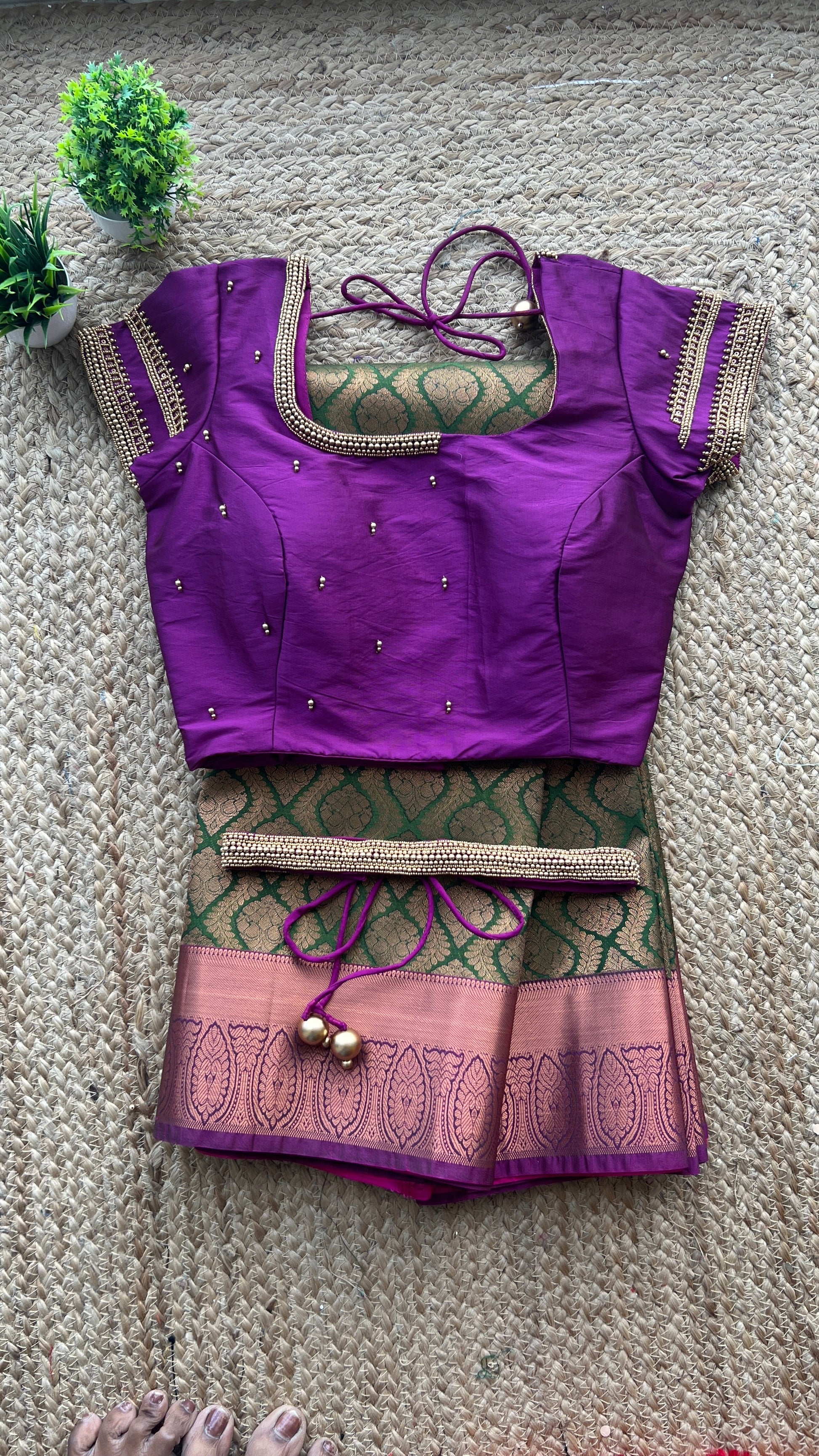 Free full draping )Green and golden silk saree with purple hand work –  Threads