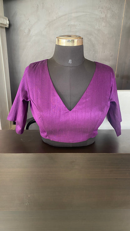 Purple silk V neck patterned blouse