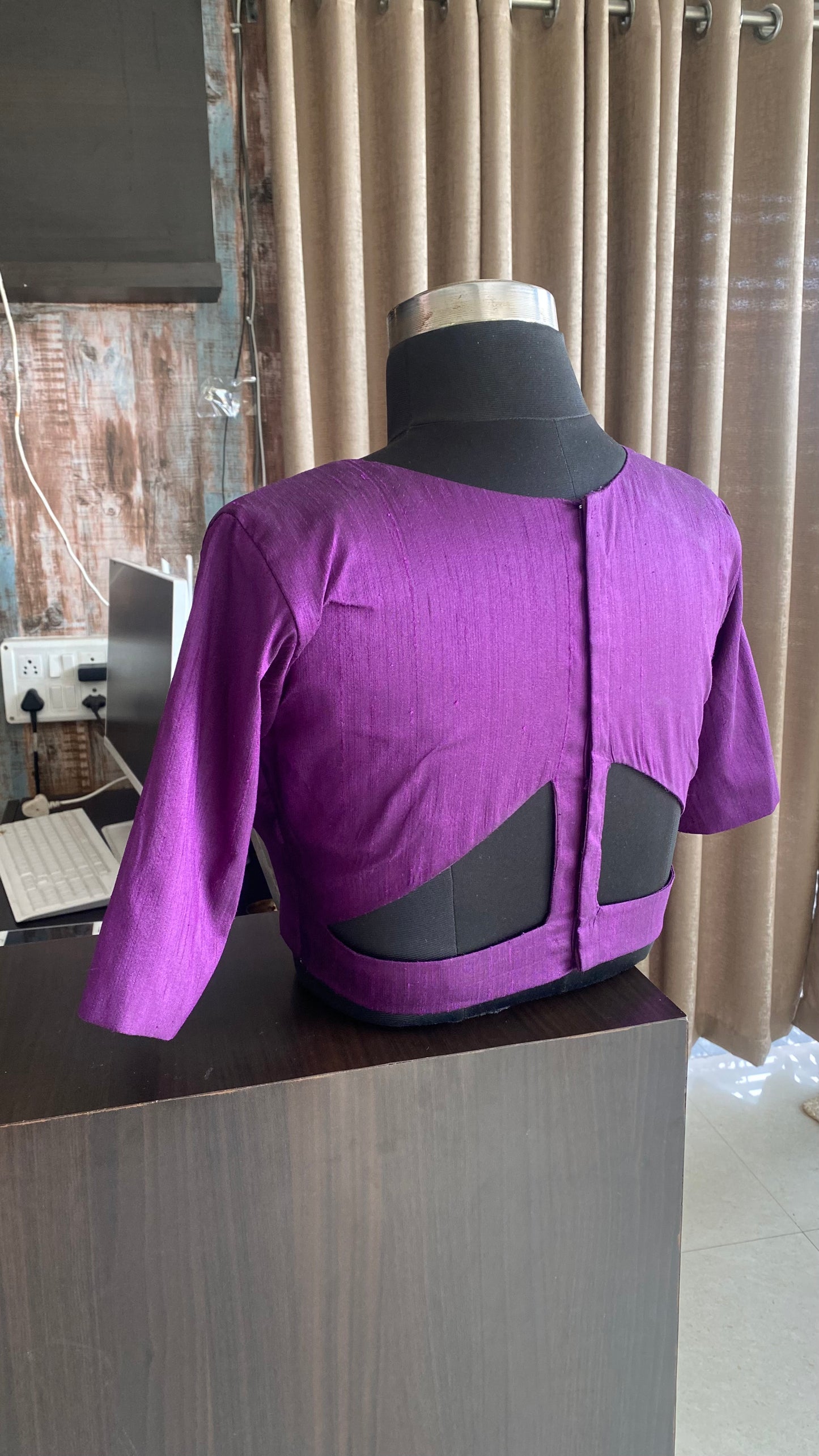 Purple silk V neck patterned blouse