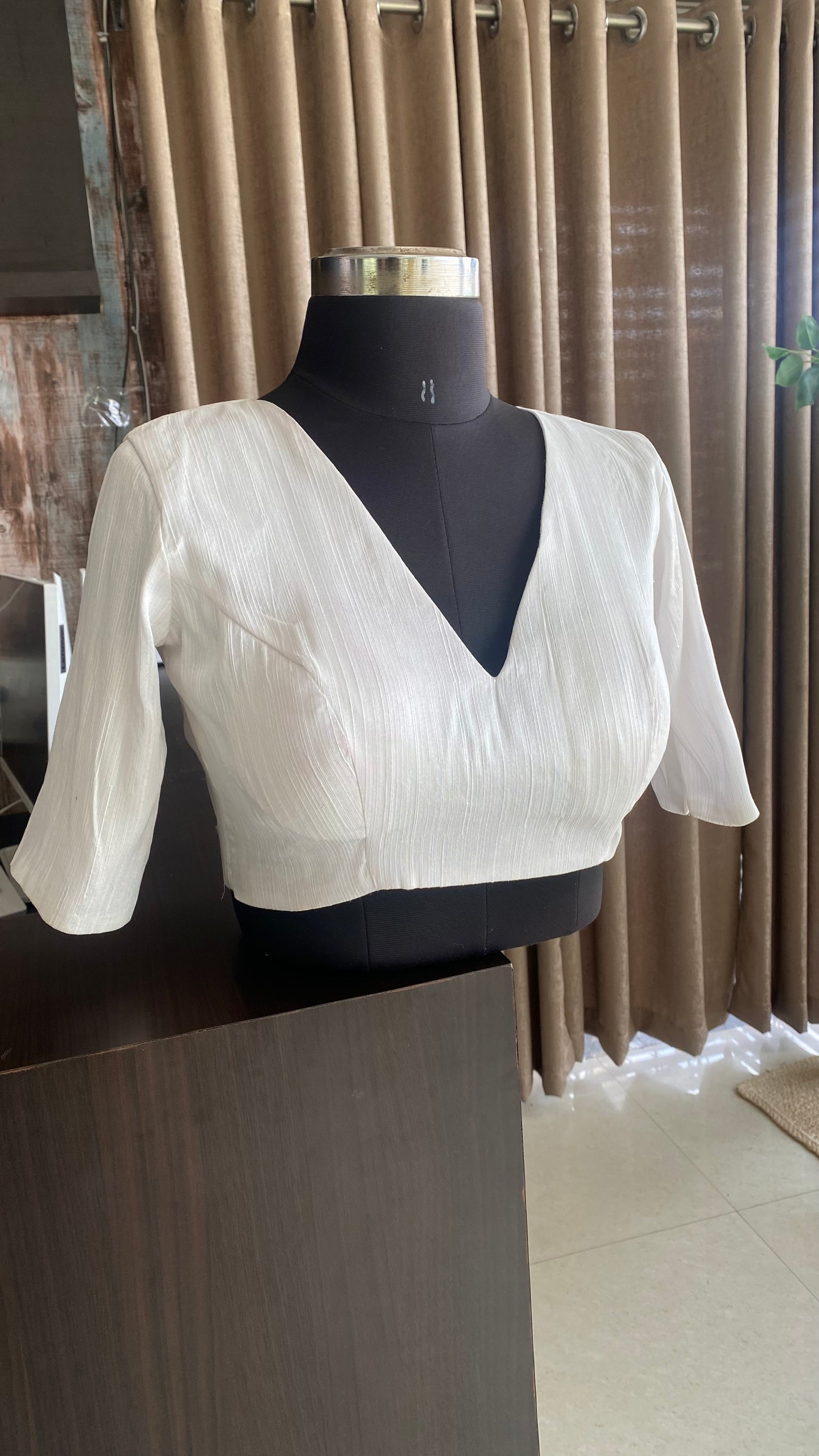 White silk V neck patterned blouse