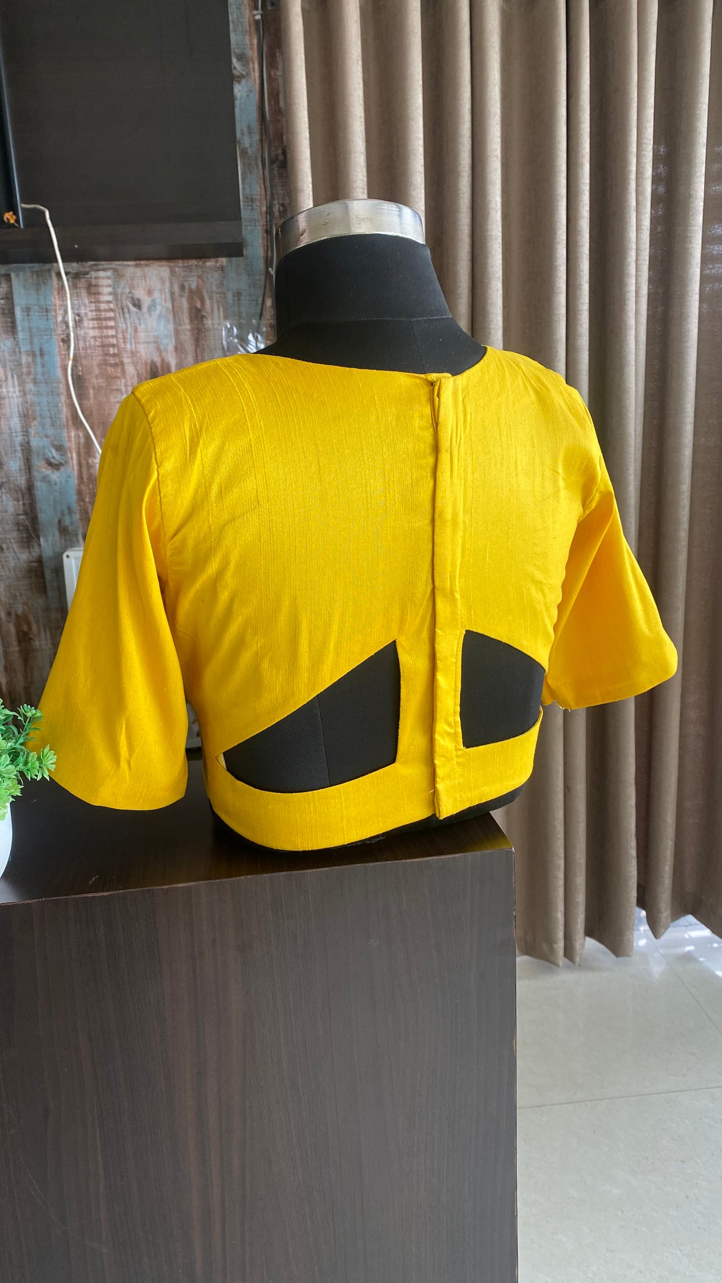 Yellow silk V neck patterned blouse