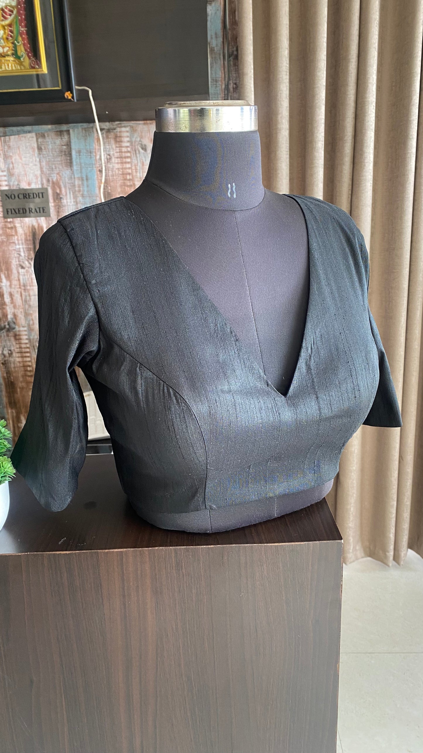 Black silk V neck patterned blouse