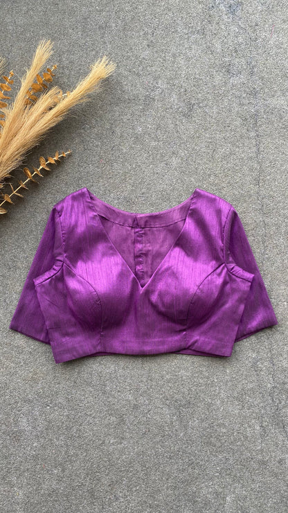 Purple silk V neck patterned blouse