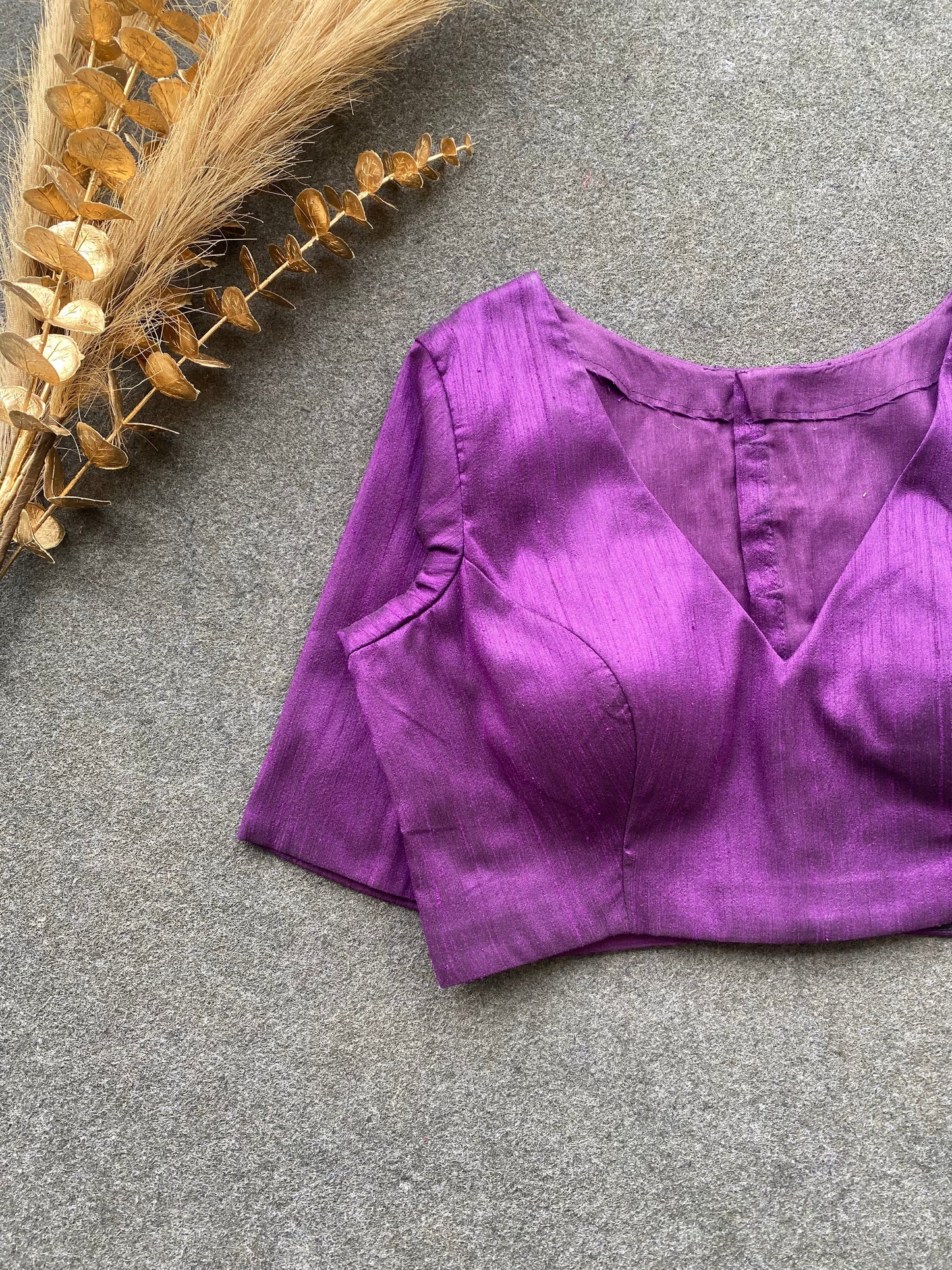 Purple silk V neck patterned blouse