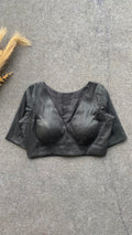 Black silk V neck patterned blouse
