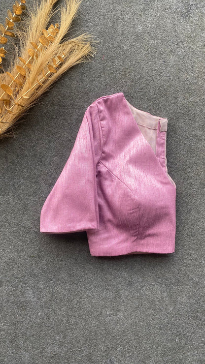 Onion pink silk V neck patterned blouse