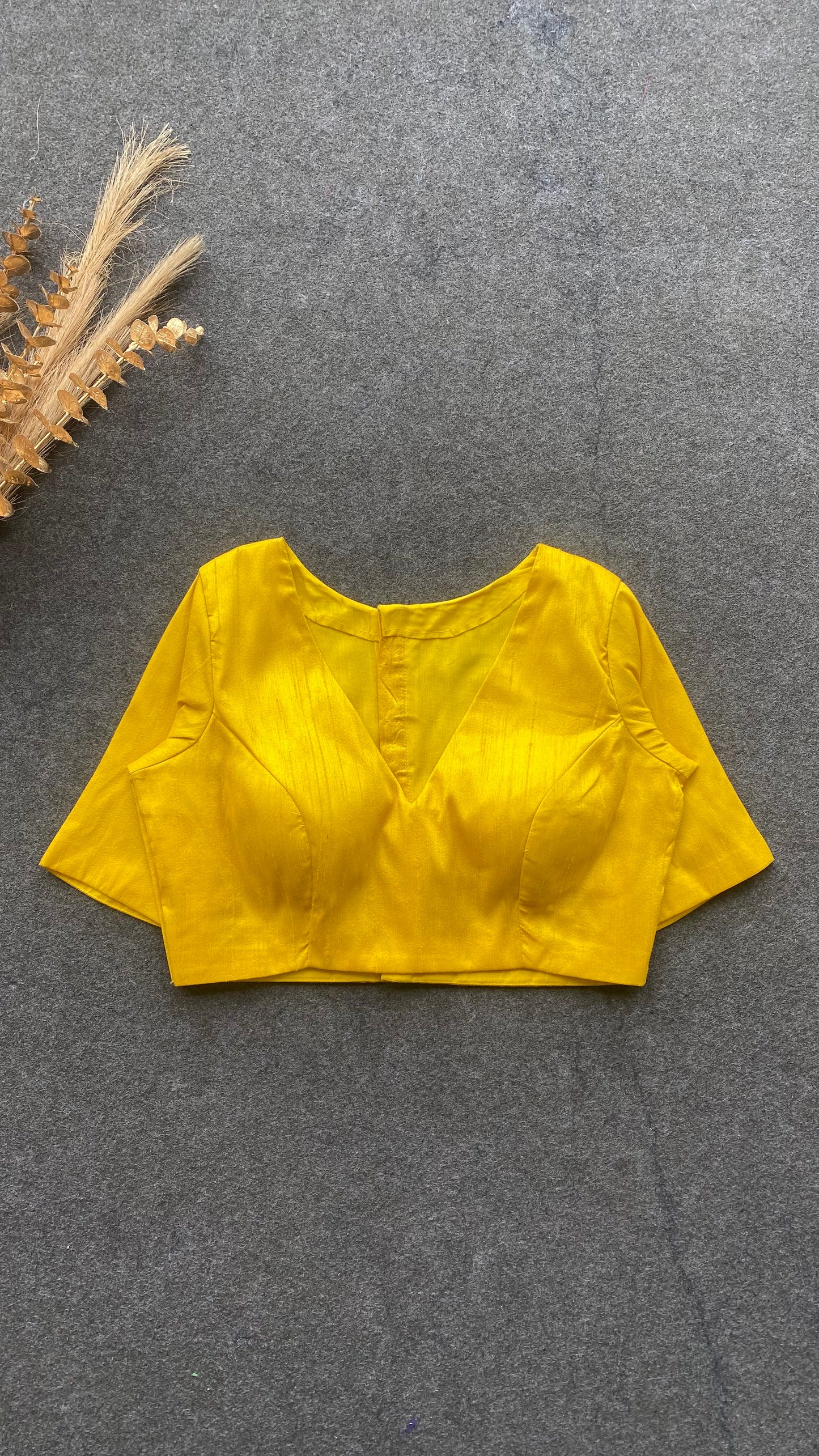 Yellow silk V neck patterned blouse