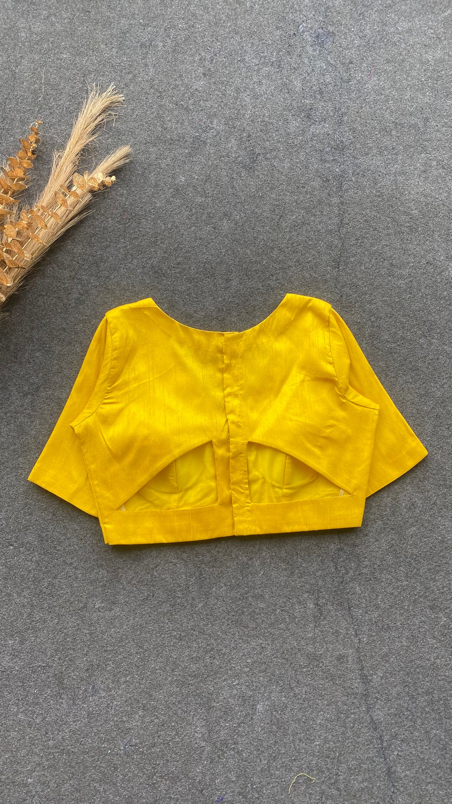 Yellow silk V neck patterned blouse