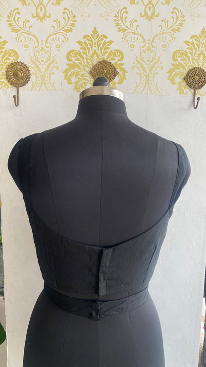 Black silk waist band patterned blouse