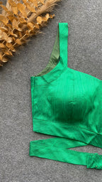 Green silk waist band patterned blouse