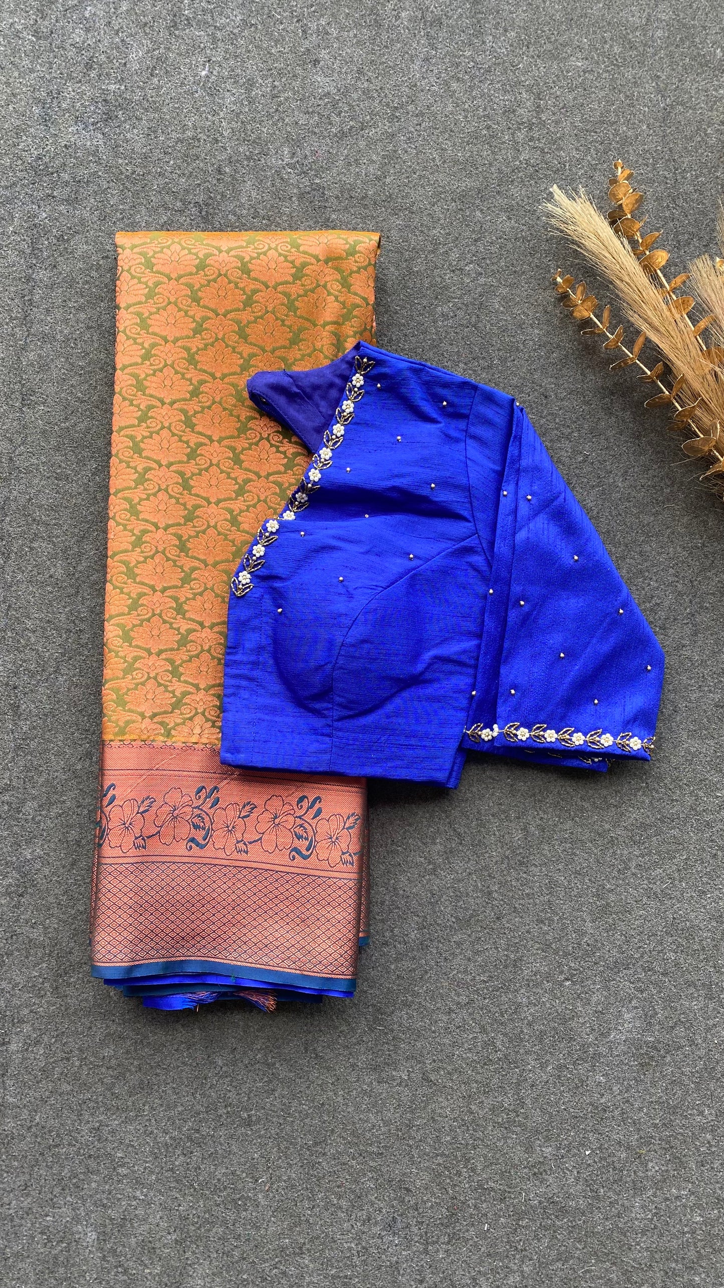 Parrot green and blue silk saree with hand work blouse