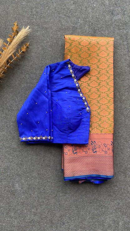 Parrot green and blue silk saree with hand work blouse