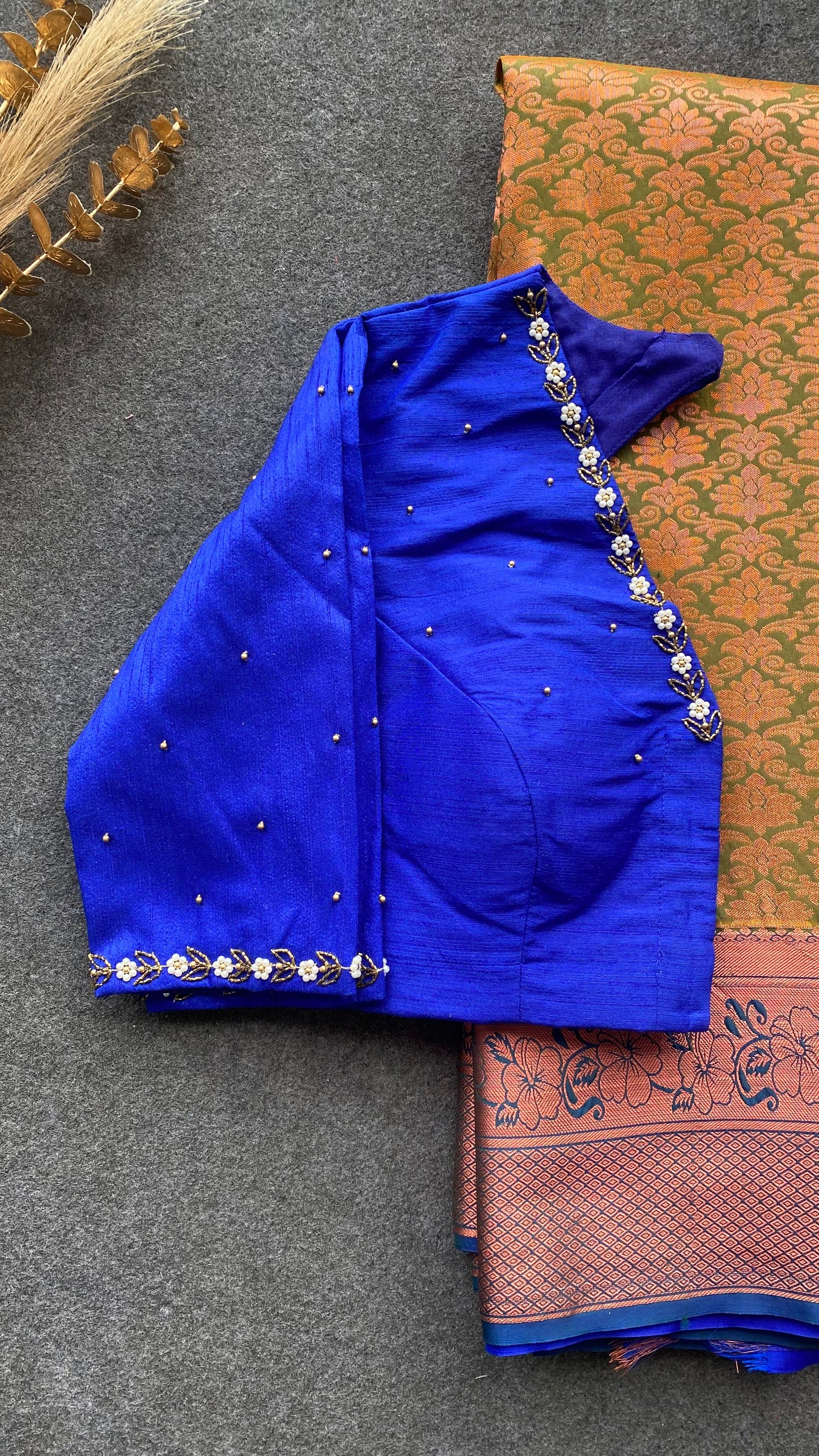 Parrot green and blue silk saree with hand work blouse