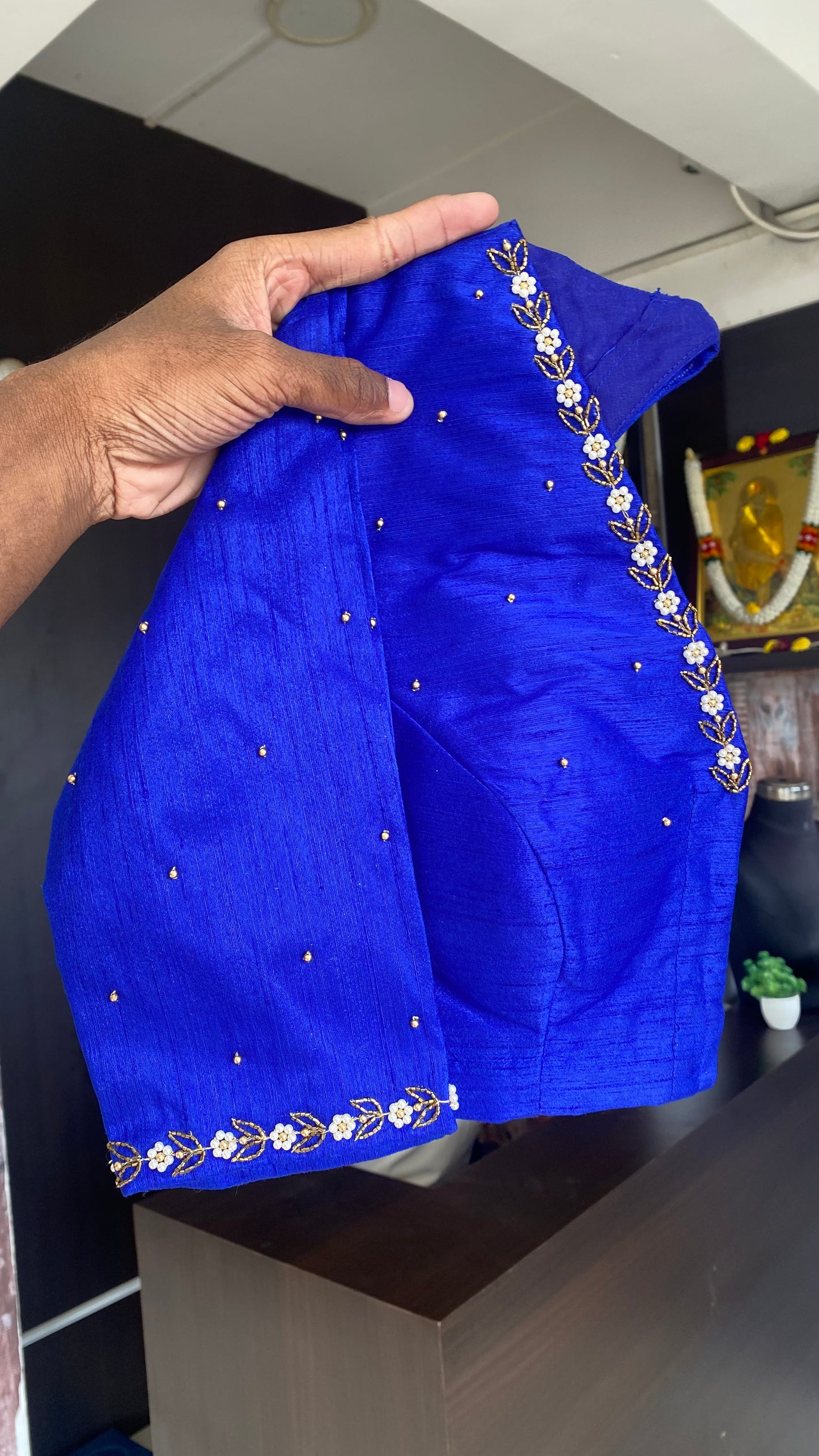 Parrot green and blue silk saree with hand work blouse