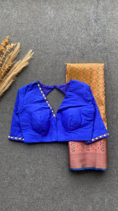 Parrot green and blue silk saree with hand work blouse