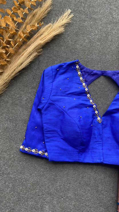 Parrot green and blue silk saree with hand work blouse