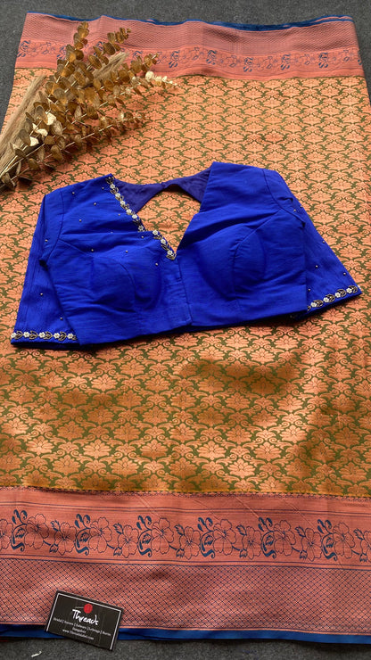 Parrot green and blue silk saree with hand work blouse