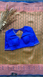 Parrot green and blue silk saree with hand work blouse