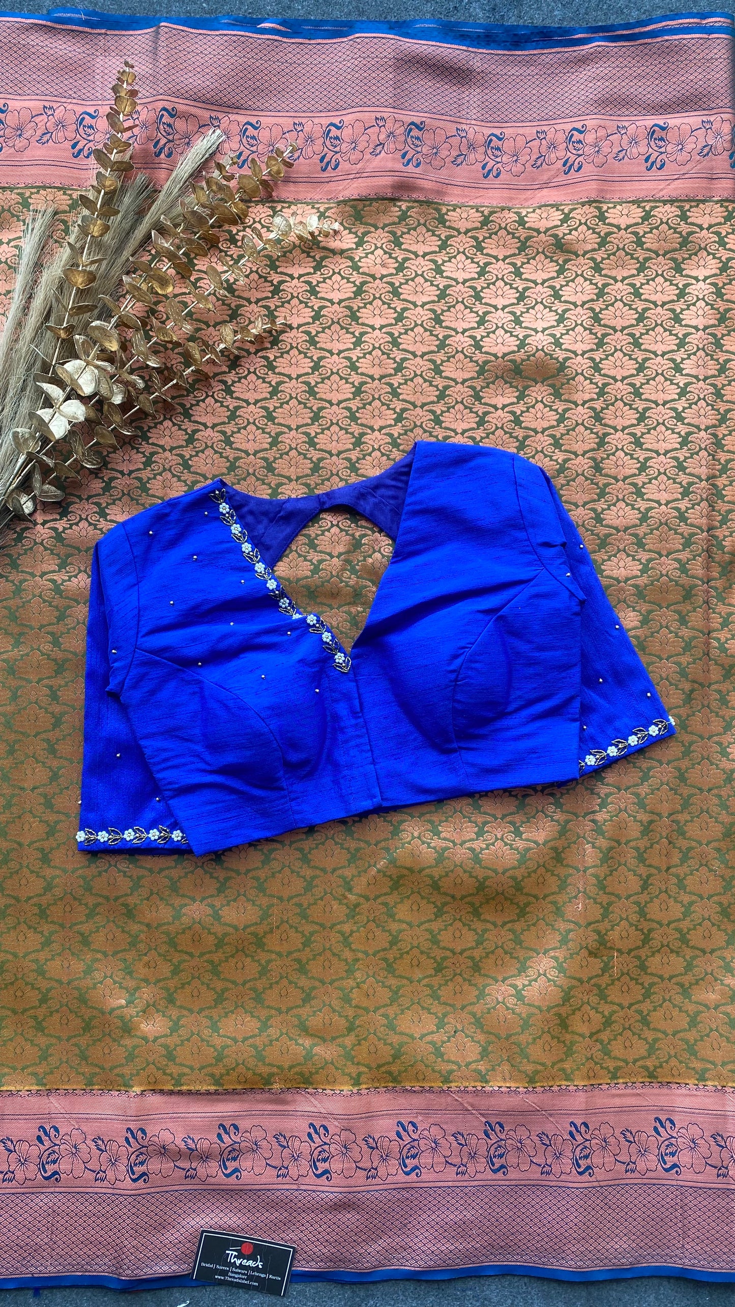 Parrot green and blue silk saree with hand work blouse