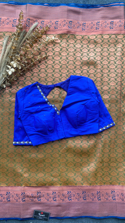 Parrot green and blue silk saree with hand work blouse