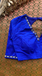 Parrot green and blue silk saree with hand work blouse