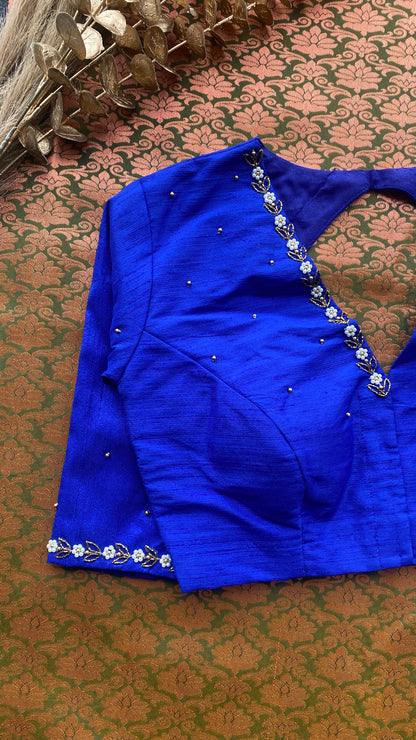 Parrot green and blue silk saree with hand work blouse