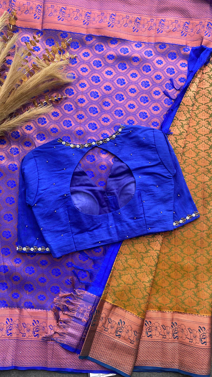 Parrot green and blue silk saree with hand work blouse