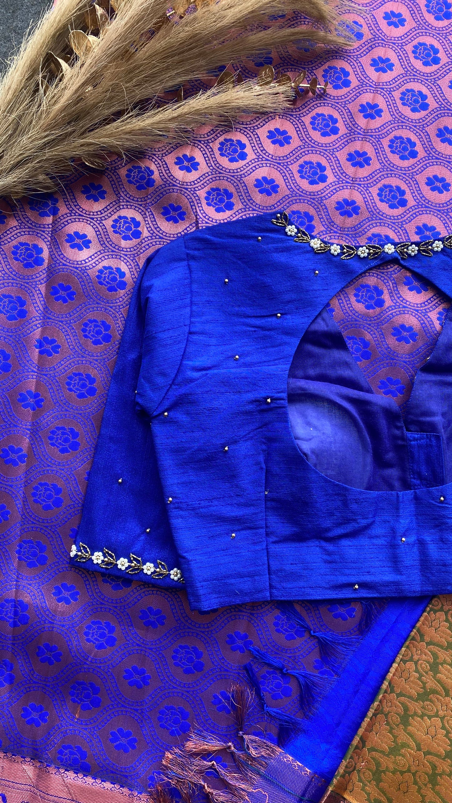 Parrot green and blue silk saree with hand work blouse