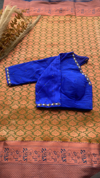 Parrot green and blue silk saree with hand work blouse