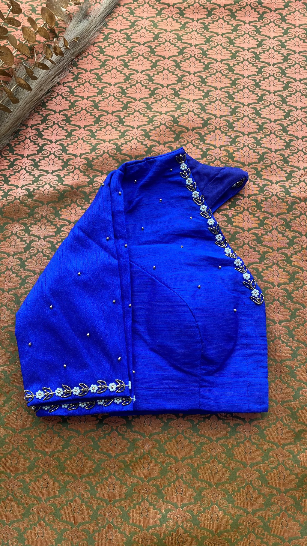 Parrot green and blue silk saree with hand work blouse